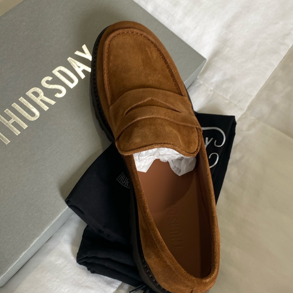 Versitile, stylish sophisticated new Thursday Boot Co suede lug-soled loafer